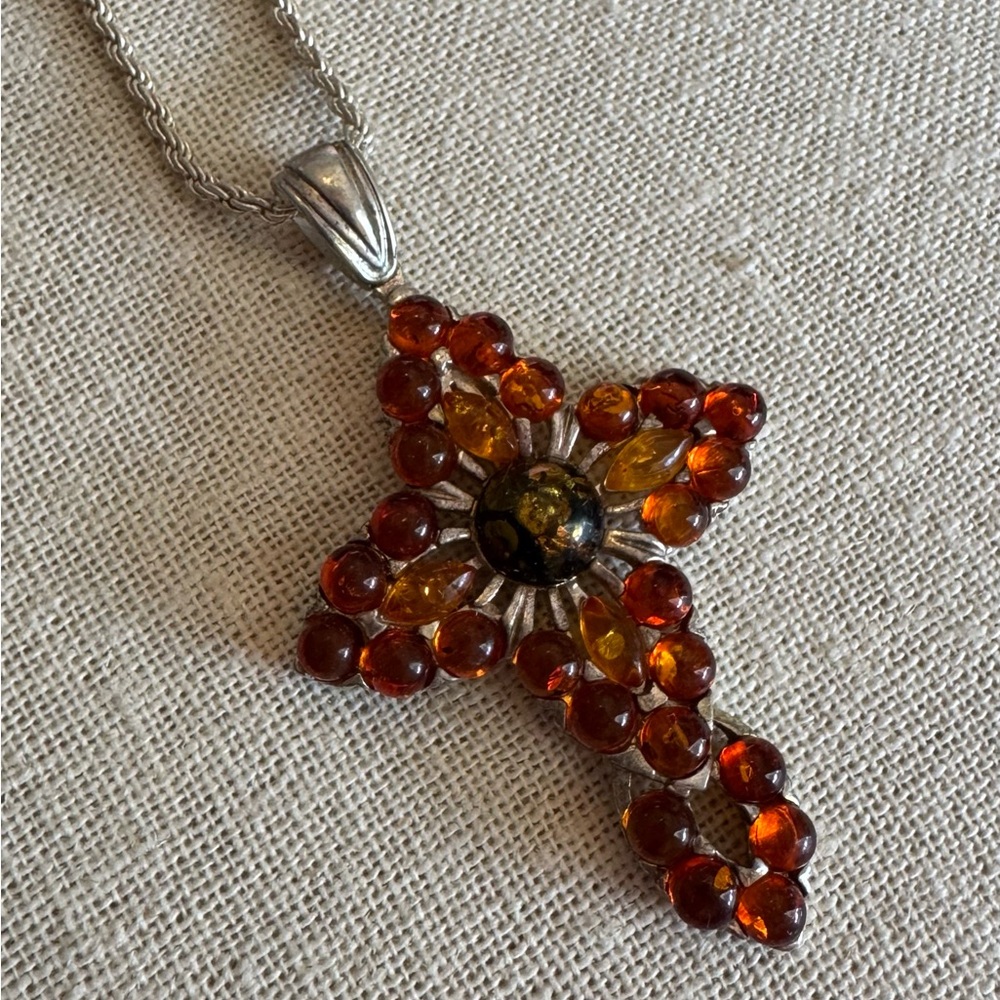 Amber and Silver Cross Pendant Necklace